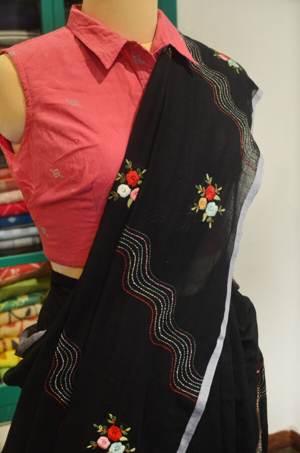 Handspun Handwoven Black Soft Cotton Kantha Saree - Image 4