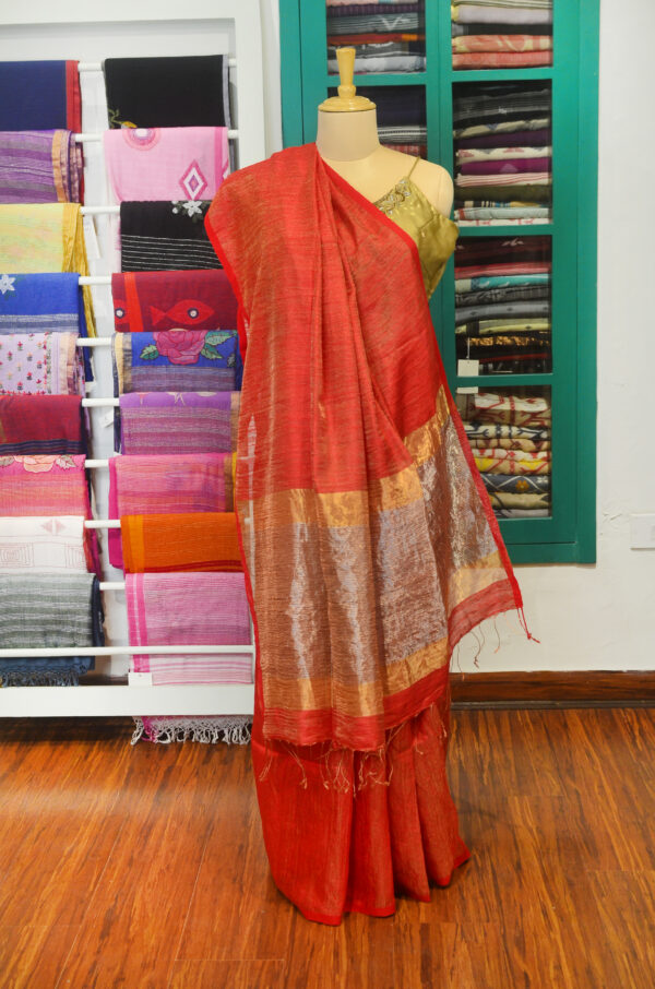 Handspun Handwoven Red Tussar Matka Silk Saree