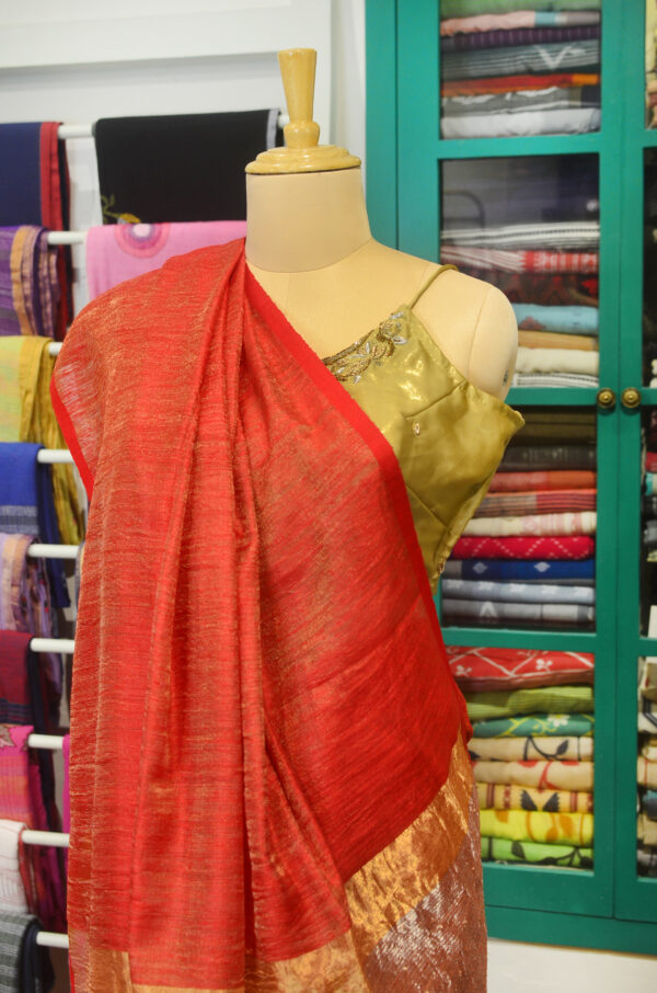 Handspun Handwoven Red Tussar Matka Silk Saree - Image 9