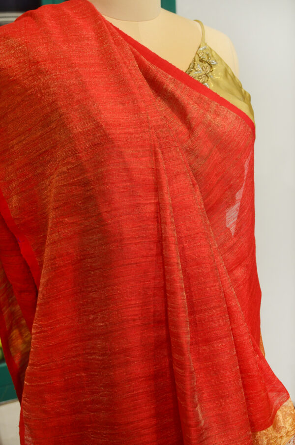 Handspun Handwoven Red Tussar Matka Silk Saree - Image 8