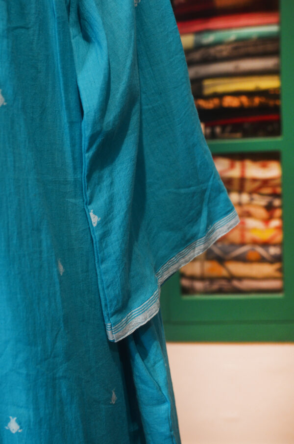 Hand spun Handwoven Pure Cotton Sky Blue jamdani V neck Dress - Image 5