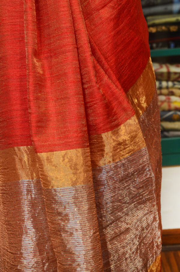 Handspun Handwoven Red Tussar Matka Silk Saree - Image 7