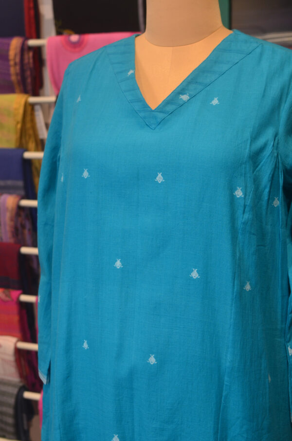 Hand spun Handwoven Pure Cotton Sky Blue jamdani V neck Dress - Image 6