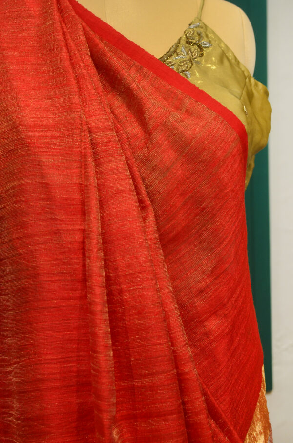 Handspun Handwoven Red Tussar Matka Silk Saree - Image 6