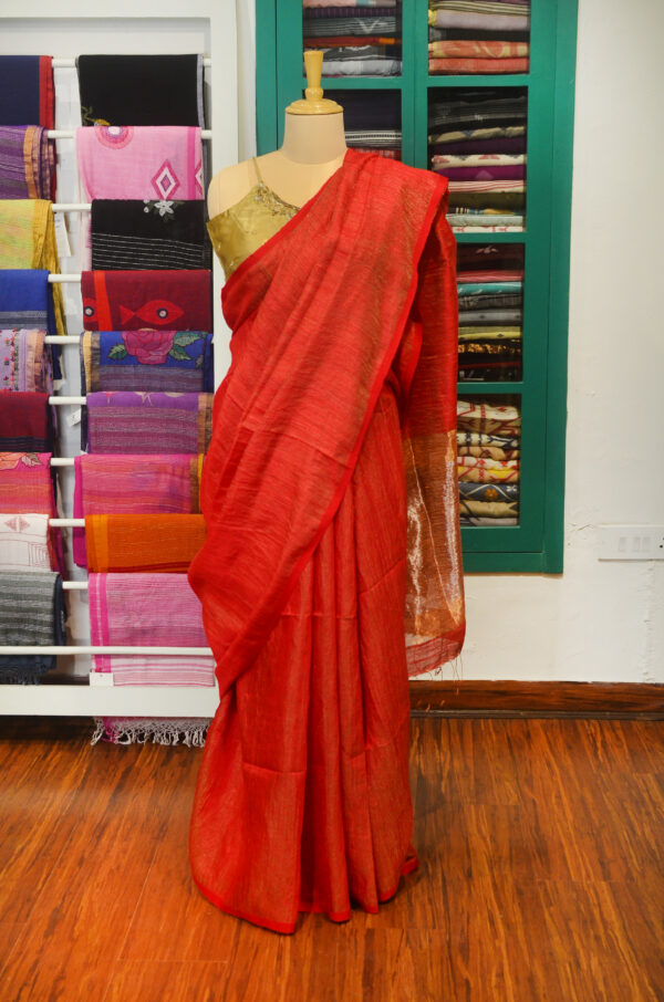 Handspun Handwoven Red Tussar Matka Silk Saree - Image 10