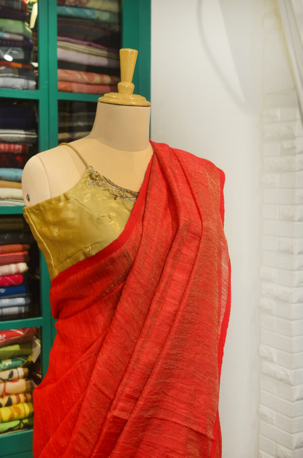 Handspun Handwoven Red Tussar Matka Silk Saree - Image 3