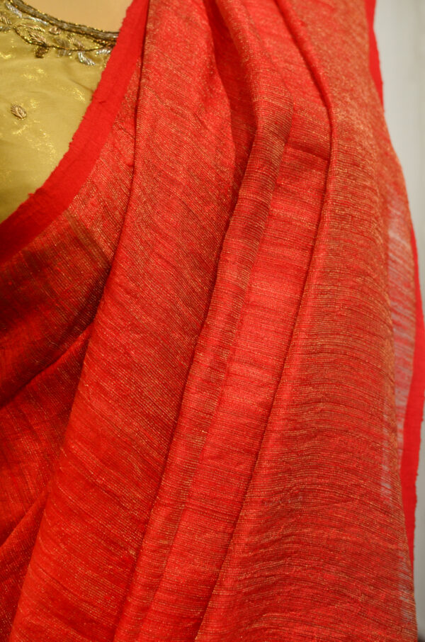 Handspun Handwoven Red Tussar Matka Silk Saree - Image 2